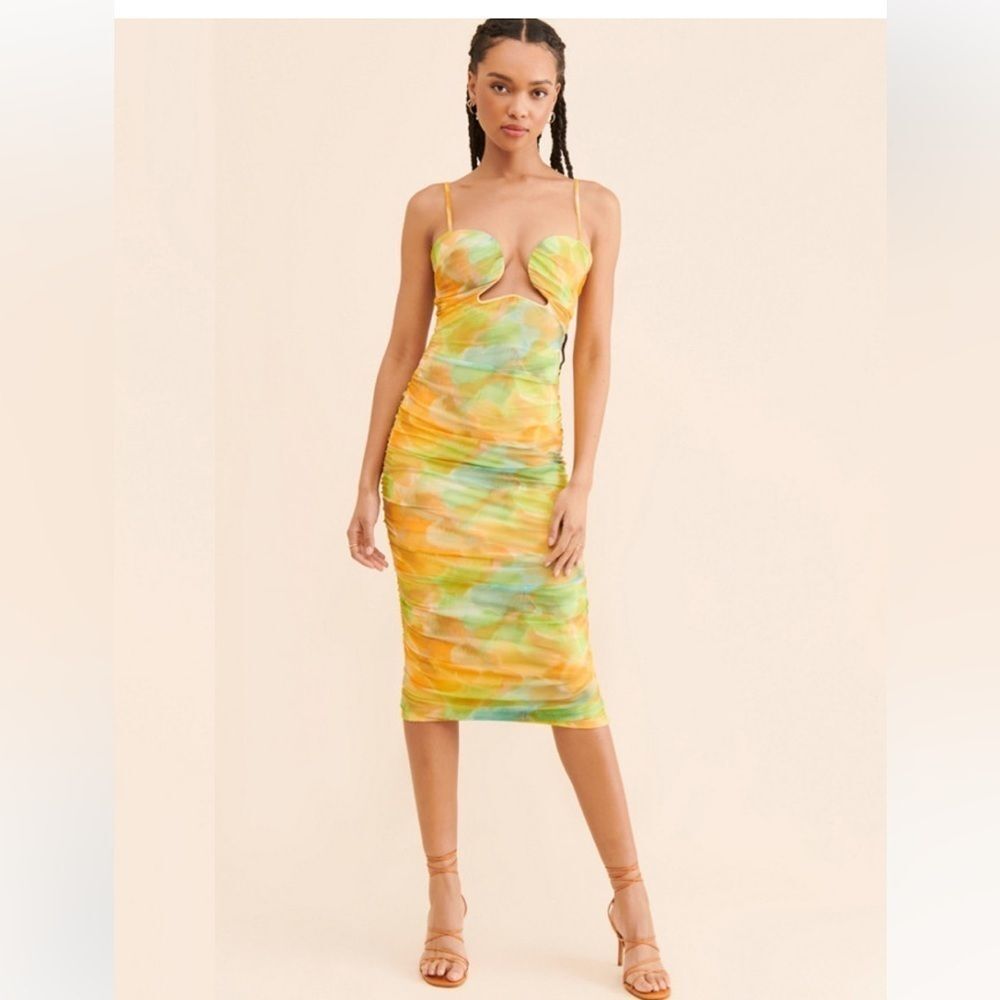 Yellow Green Tie-Dye Cutout Midi Dress - Women
